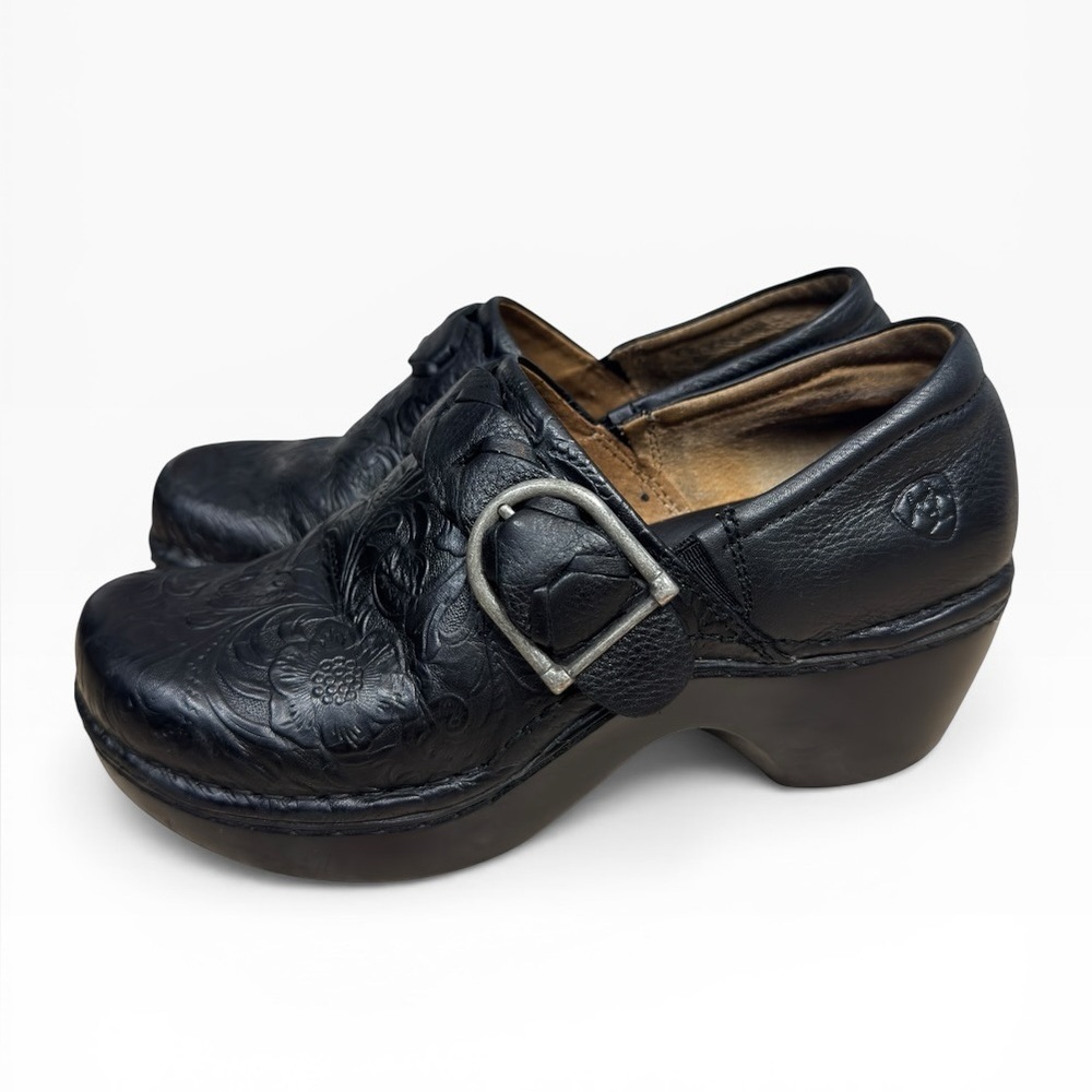 Ariat Black Embossed Leather Clogs Buckle Strap Comfort Shoes Size US 6 - Picture 2 of 12